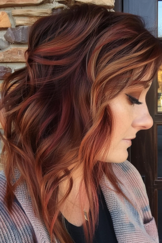 Woman with brown hair and caramel copper and amber highlights.