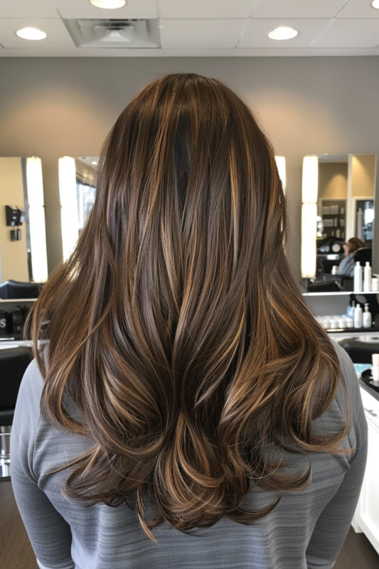 Woman with chocolate brown hair enriched with subtle caramel highlights.