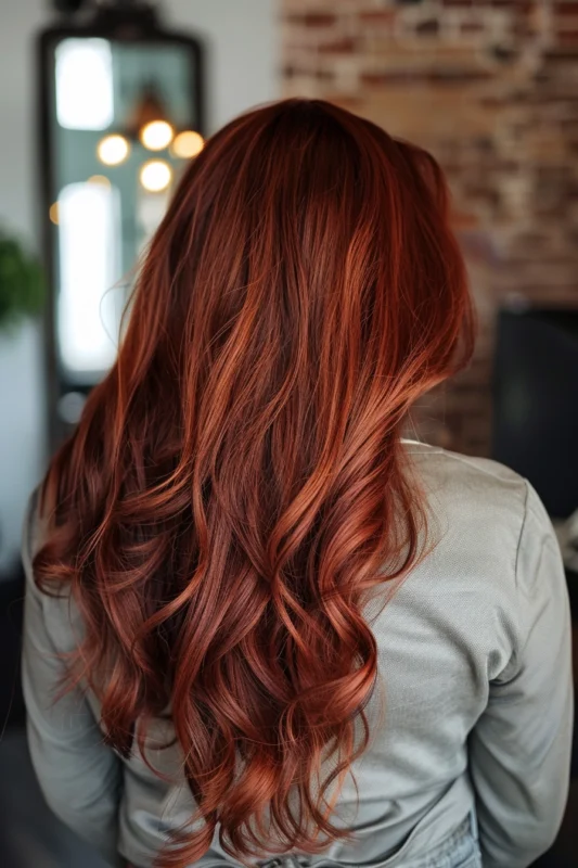 Woman with deep copper mahogany hair styled in curls.