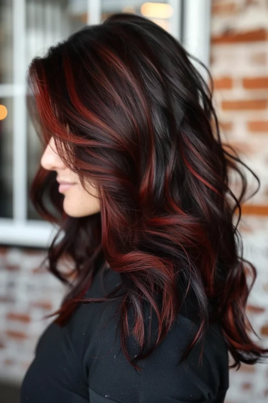 Woman with dark brown hair and striking crimson and scarlet red highlights.