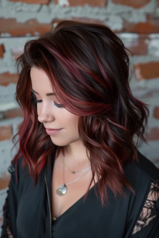 Woman with brown hair and light red highlights.