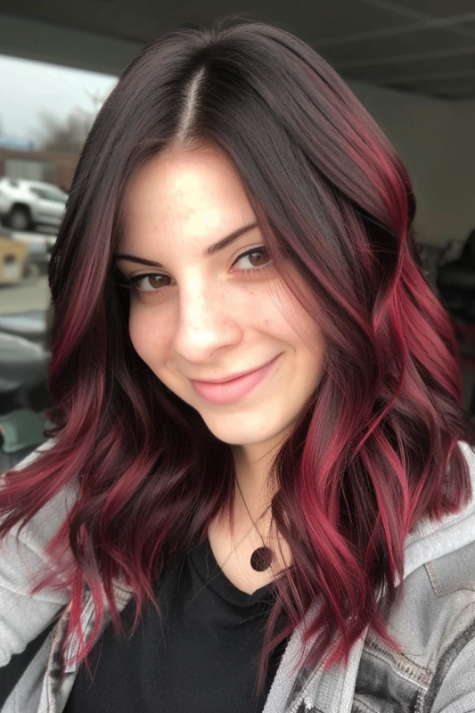 Woman with ombre hair from black to raspberry red.