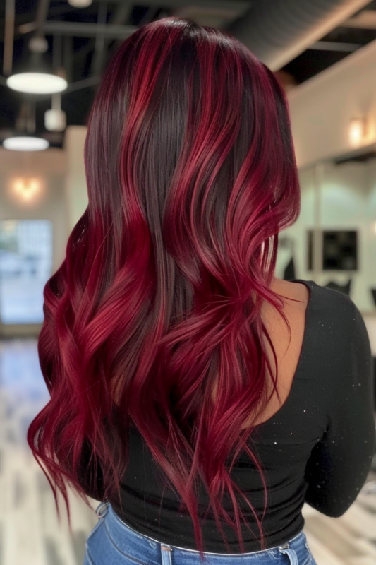 Woman with dark brown hair and vibrant cherry red highlights, styled in waves.