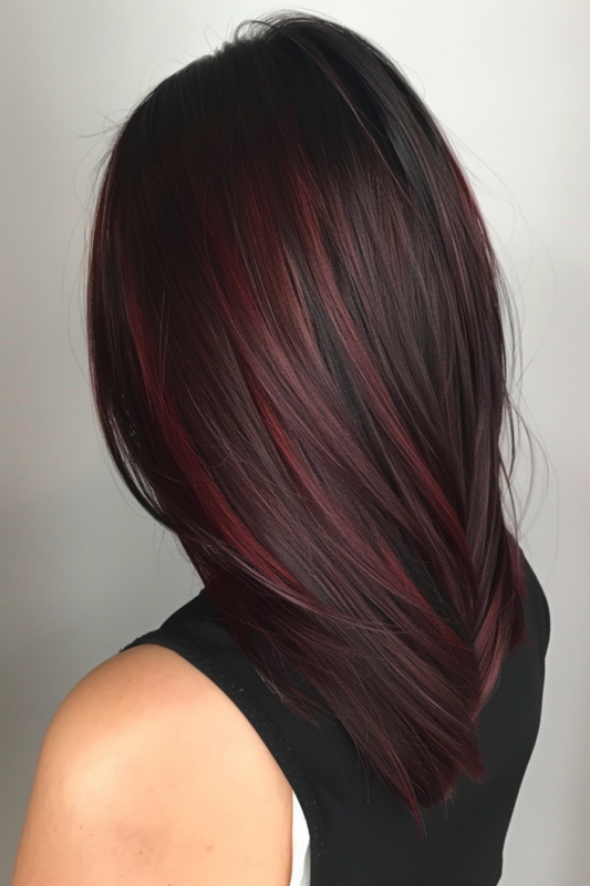 Woman with dark hair featuring bold wine red highlights.