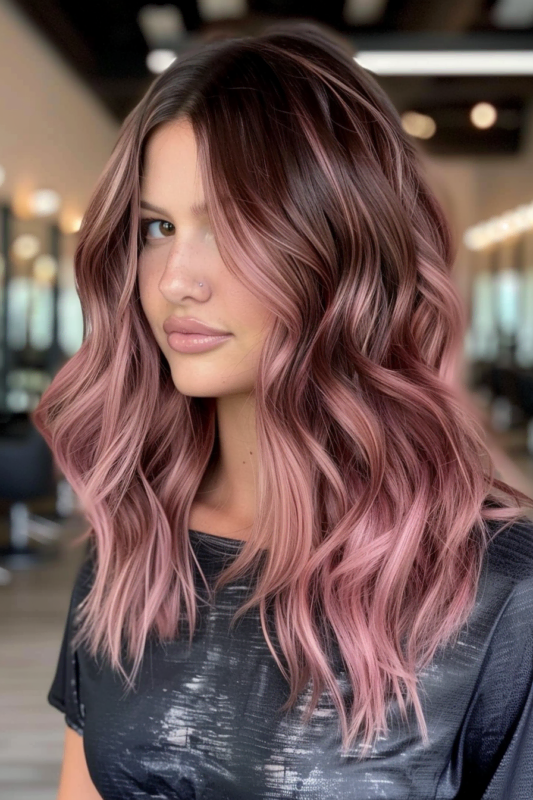 Woman with rose gold brown hair and pink highlights.