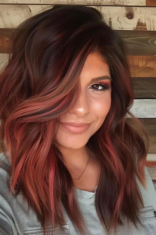 Woman with rose gold and copper highlights on brown hair.