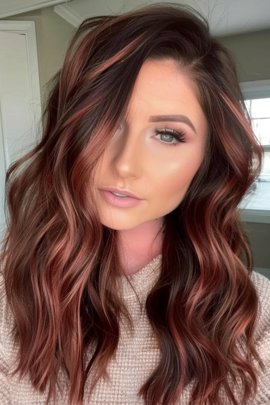 Woman with soft rose gold highlights in brown hair.