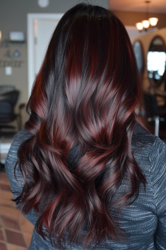Woman with wine red highlights in dark hair.
