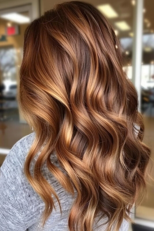A woman with bronde hair color, a blend of brown and blonde tones.