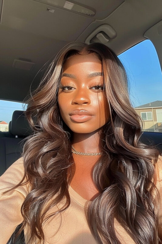 A woman with chocolate pecan hair color, a medium brown shade with warm, nutty undertones.