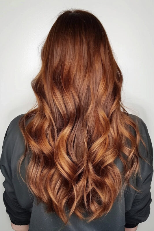 A woman with reddish brown hair color, a blend of brown and red hues.