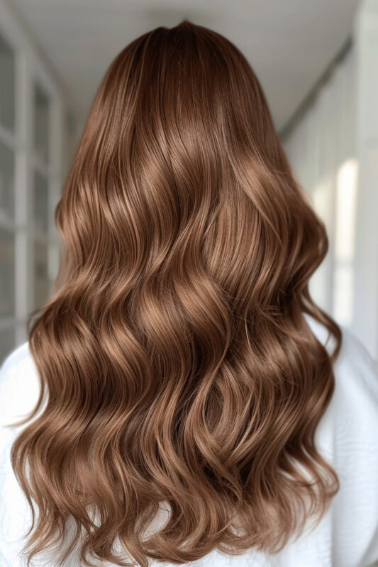 A woman with sunkissed brown hair color, a light brown shade with golden highlights, mimicking the effect of sun exposure on the hair.