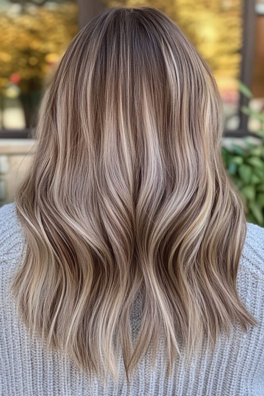 Woman with an ash brown hair color and blonde highlights.