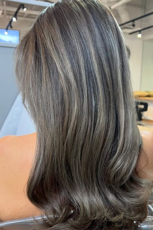 Ashy blonde balayage highlights to disguise gray in dark hair.