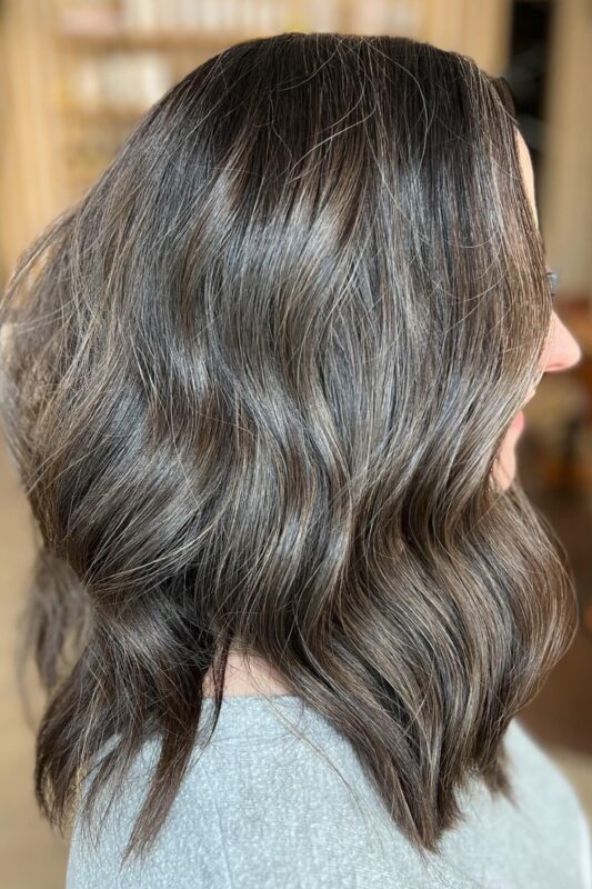 Light brown highlights on dark hair to camouflage gray.
