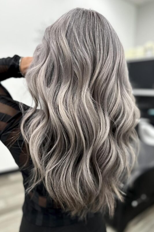 Silver, gray, and blonde highlights to cover grey on brown hair.