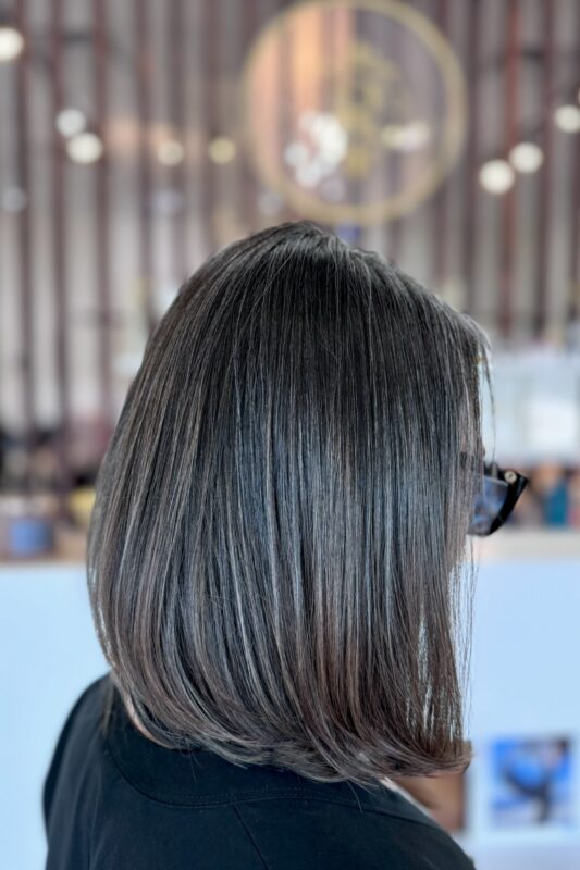 Subtle grey blending in dark hair with soft blonde highlights.