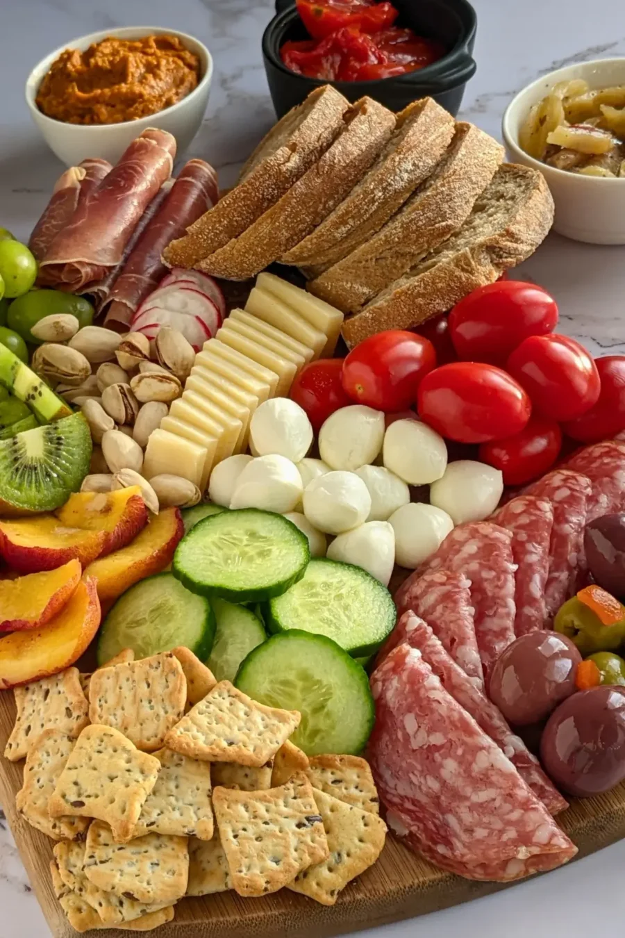 A vibrant colorful antipasto party food platter with cured meats, marinated veggies, cheeses, olives, fruit, and ciabatta arranged on a wooden platter.
