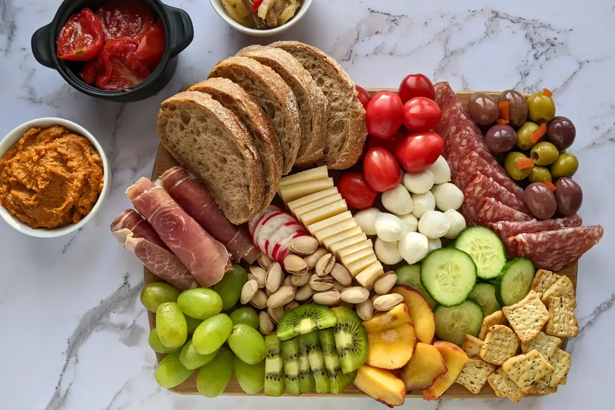A vibrant colorful antipasto party food platter with cured meats, marinated veggies, cheeses, olives, fruit, and ciabatta arranged on a wooden platter.