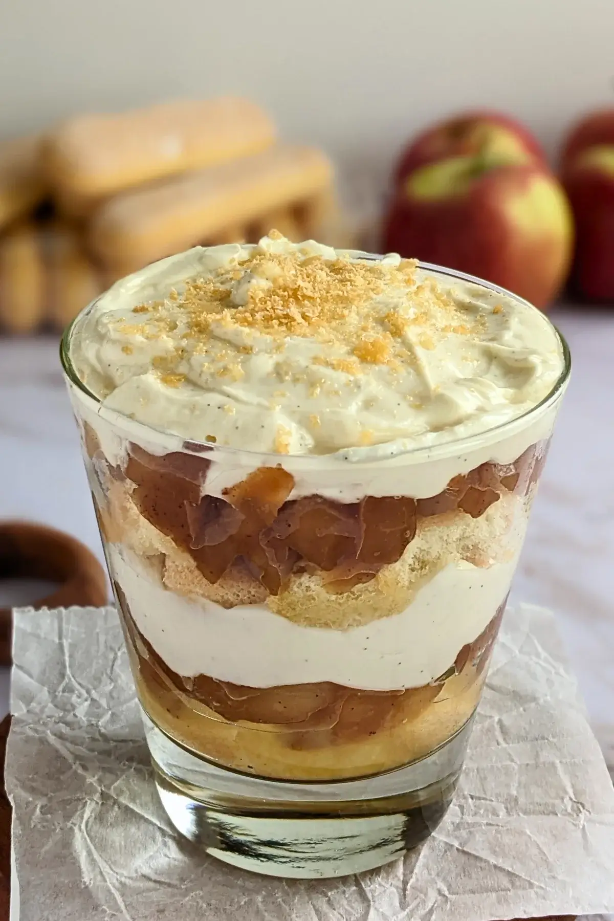 Layered apple tiramisu dessert with creamy mascarpone and Greek yogurt filling.
