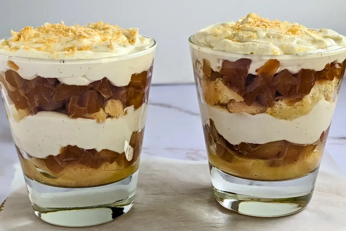Layered apple tiramisu dessert with creamy mascarpone and Greek yogurt filling.