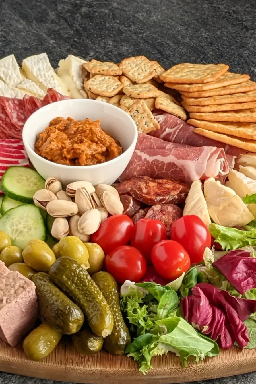 A healthier charcuterie appetizer board featuring fresh vegetables, soft cheeses, sliced meats, and pickled bites on a rustic board.