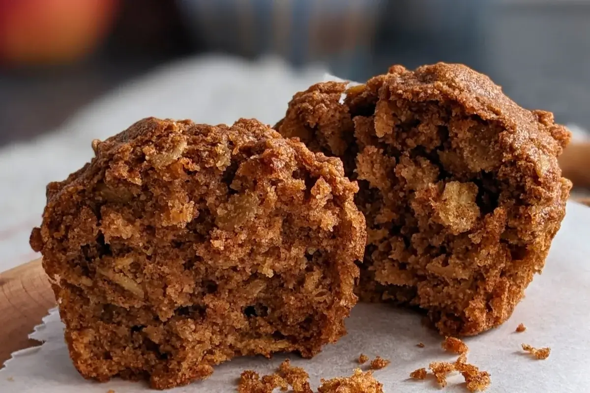 Moist whole wheat apple muffins with chunks of apple, oats, and a touch of brown sugar.