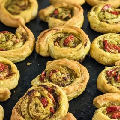 Savory pesto pinwheels made with puff pastry and filled with basil pesto, fresh cherry tomatoes, and crumbled feta.