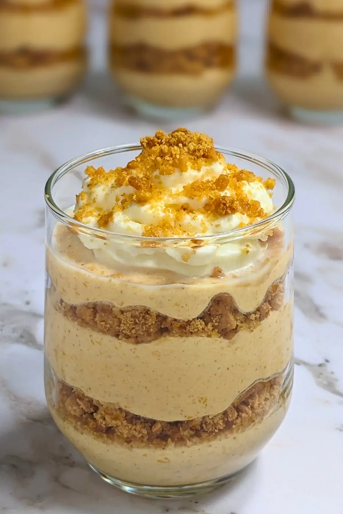 Pumpkin yogurt parfait cups layered with pumpkin yogurt, gingersnap biscuits, and topped with whipped cream.