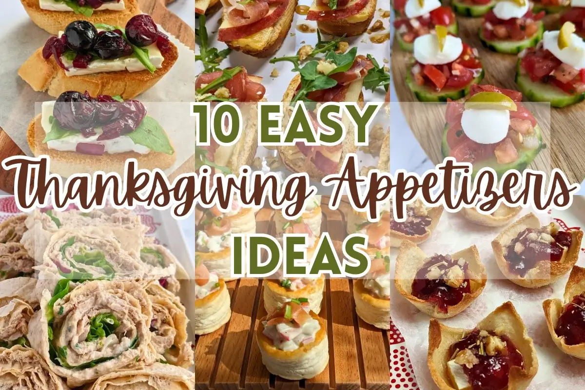 Thanksgiving appetizers roundup post featuring apple and brie crostini, cranberry brie appetizer bites, smoked salmon flatbread rolls, and more.
