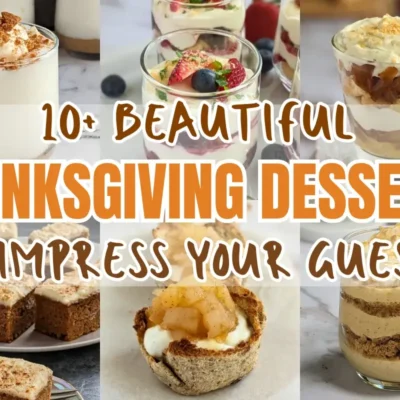 Thanksgiving desserts roundup post featuring pumpkin cheesecake mousse cups, frosted pumpkin cupcakes, parfait desserts, and more.