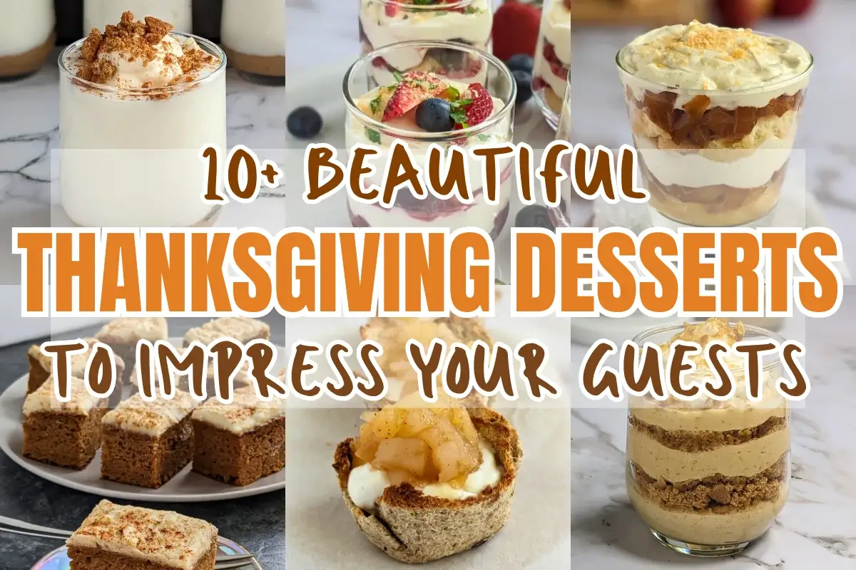 Thanksgiving desserts roundup post featuring pumpkin cheesecake mousse cups, frosted pumpkin cupcakes, parfait desserts, and more.