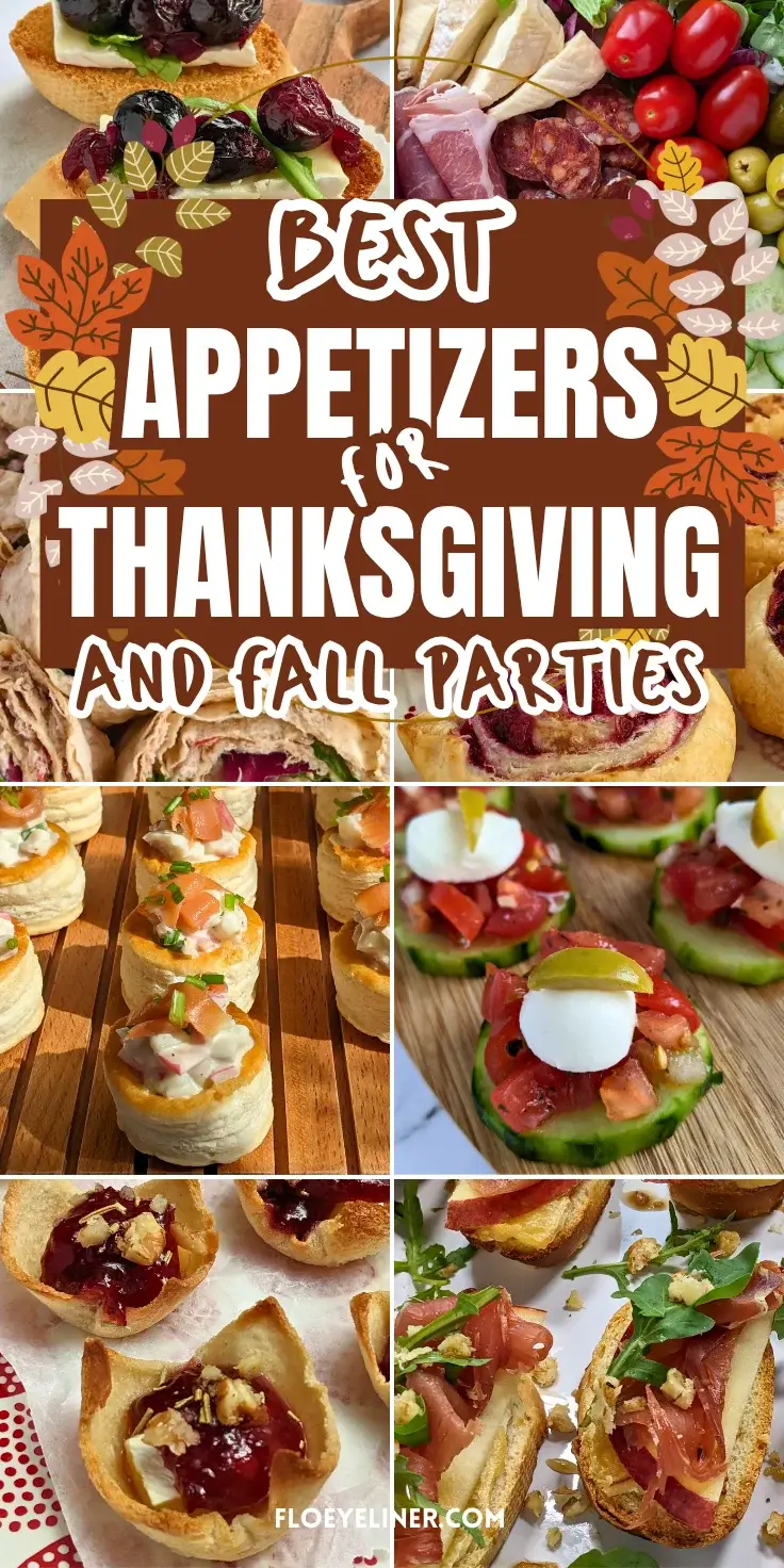 Roundup blog post of best Thanksgiving appetizers featuring recipes like cucumber bites, cranberry brie pinwheels, crostinis, jam and cheese toast cups, and more.