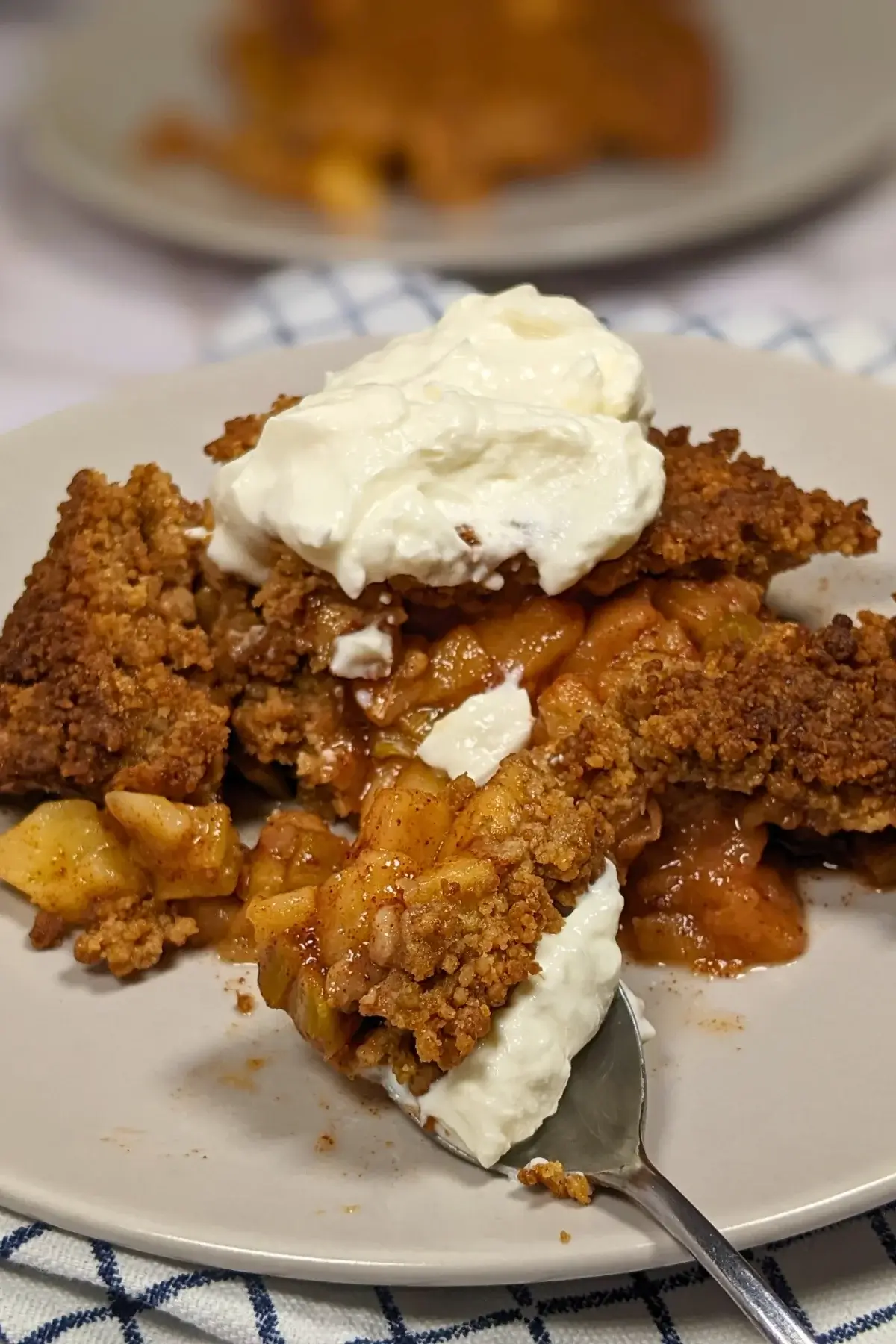 Fruit-filled apple crumble with a golden, crumbly topping and chunks of rhubarb and apple at the bottom.