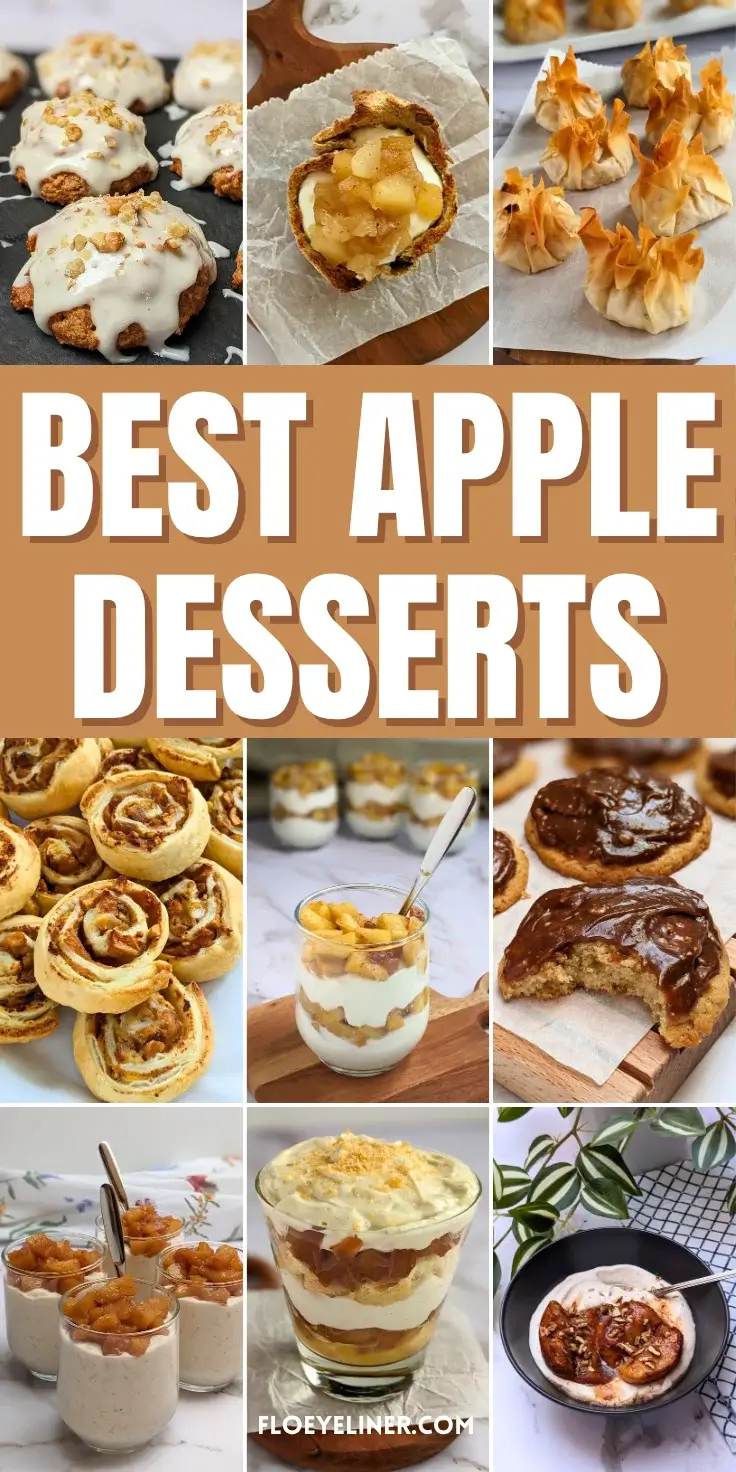 Roundup blog post of best apple desserts featuring recipes like cinnamon apple puddings, apple puff pastry rolls, apple tiramisu and mousse desserts, healthy parfaits, and more.