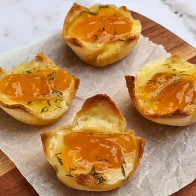 Cheddar cheese and apricot jam appetizer bites - mini bread toast cups filled with cheddar cheese, topped with apricot jam and a honey-dryed thyme drizzle.