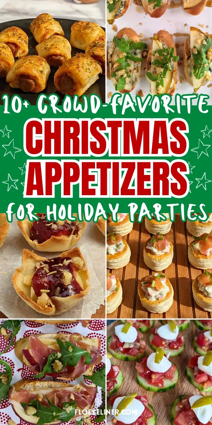 Roundup blog post of best Christmas appetizers featuring recipes like cucumber bites, mini sausage rolls, crostini appetizers, cranberry brie pinwheel bites, and more. 