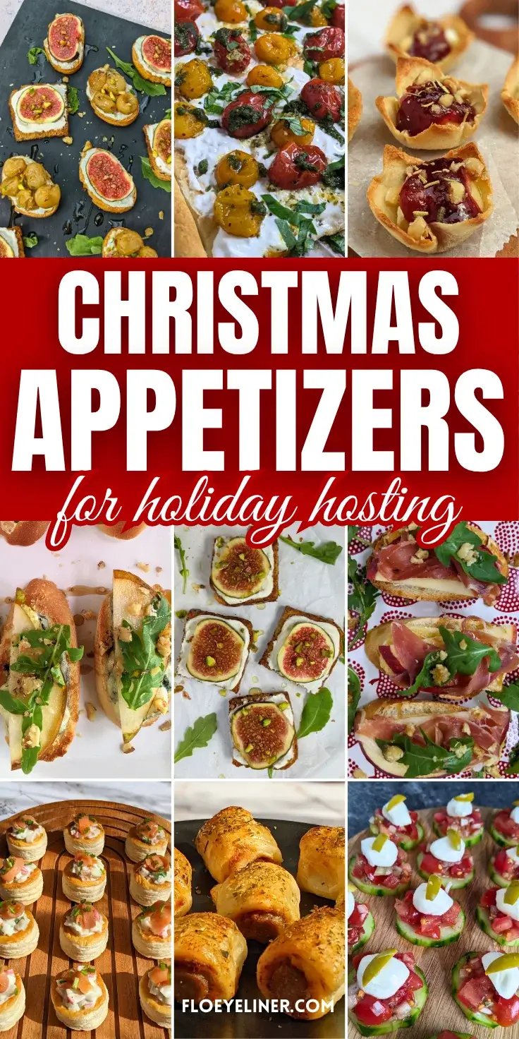 Roundup blog post of best Christmas appetizers featuring recipes like cucumber bites, mini sausage rolls, crostini appetizers, cranberry brie pinwheel bites, and more. 