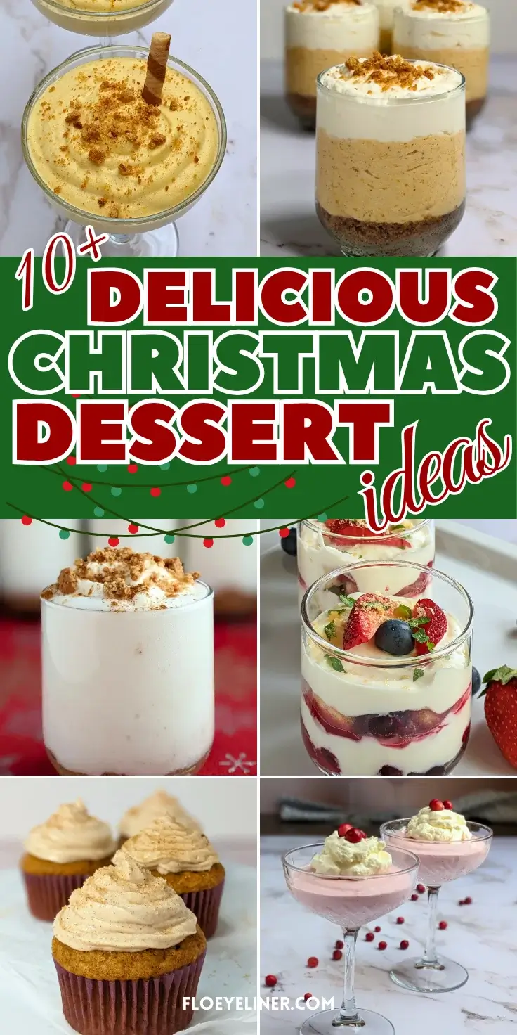Roundup blog post of best Christmas desserts featuring recipes like apple, pumpkin, and cranberry mousse desserts; pumpkin cheesecake cupcakes and mousse cups, Christmas-themed cookies, cherry cheesecakes, and more.