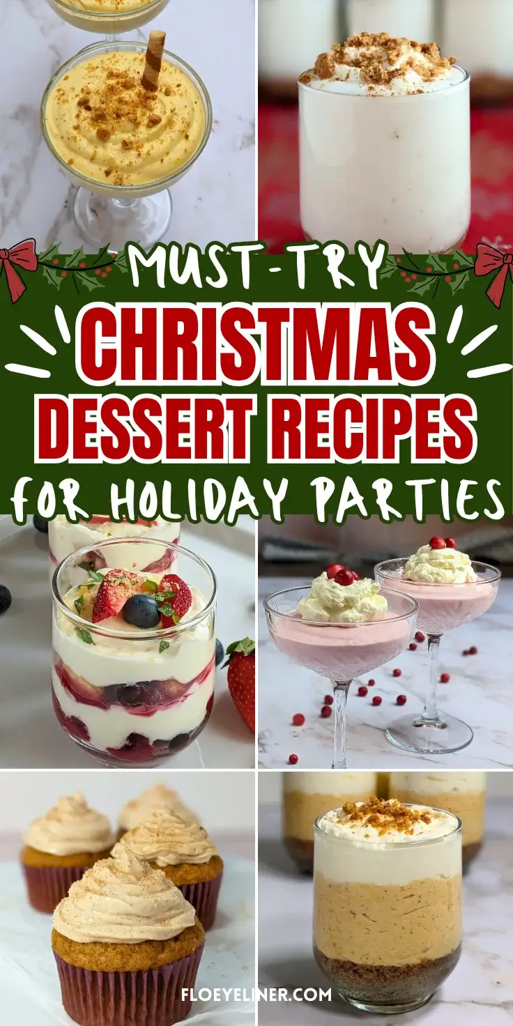 Roundup blog post of best Christmas desserts featuring recipes like apple, pumpkin, and cranberry mousse desserts; pumpkin cheesecake cupcakes and mousse cups, Christmas-themed cookies, cherry cheesecakes, and more.