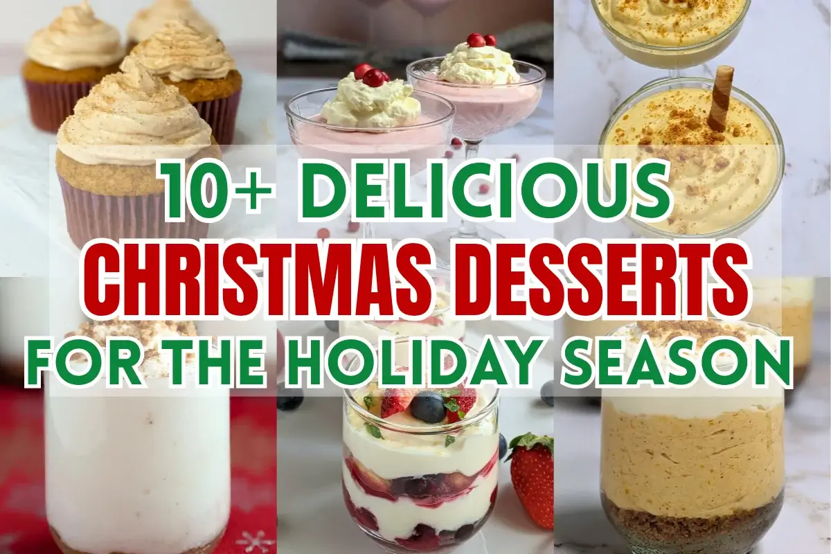 A Christmas desserts roundup post featuring recipe ideas like airy mousse desserts, cheesecakes, cupcakes, tiramisus, and more.