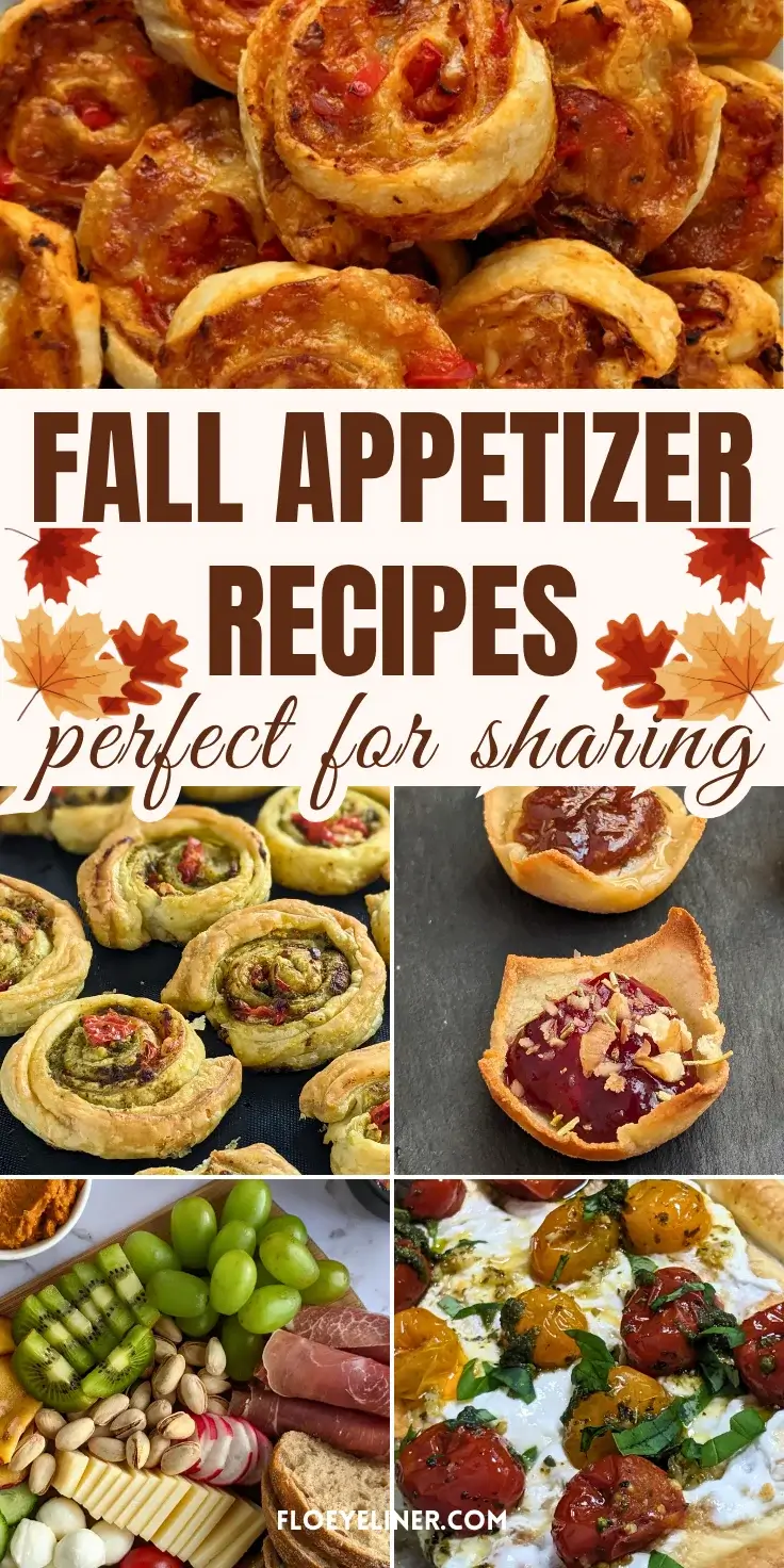 Roundup blog post of best fall appetizers for party platters and snack boards, featuring recipes like pizza pinwheels, feta dips, crostini appetizers, jam and cheese toast cups, and more.