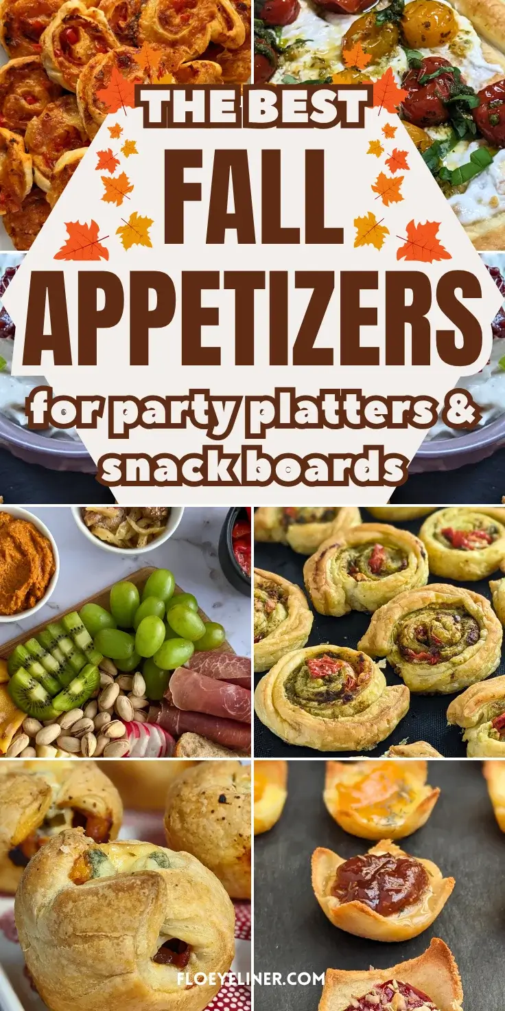 Roundup blog post of best fall appetizers for party platters and snack boards, featuring recipes like pizza pinwheels, feta dips, crostini appetizers, jam and cheese toast cups, and more.