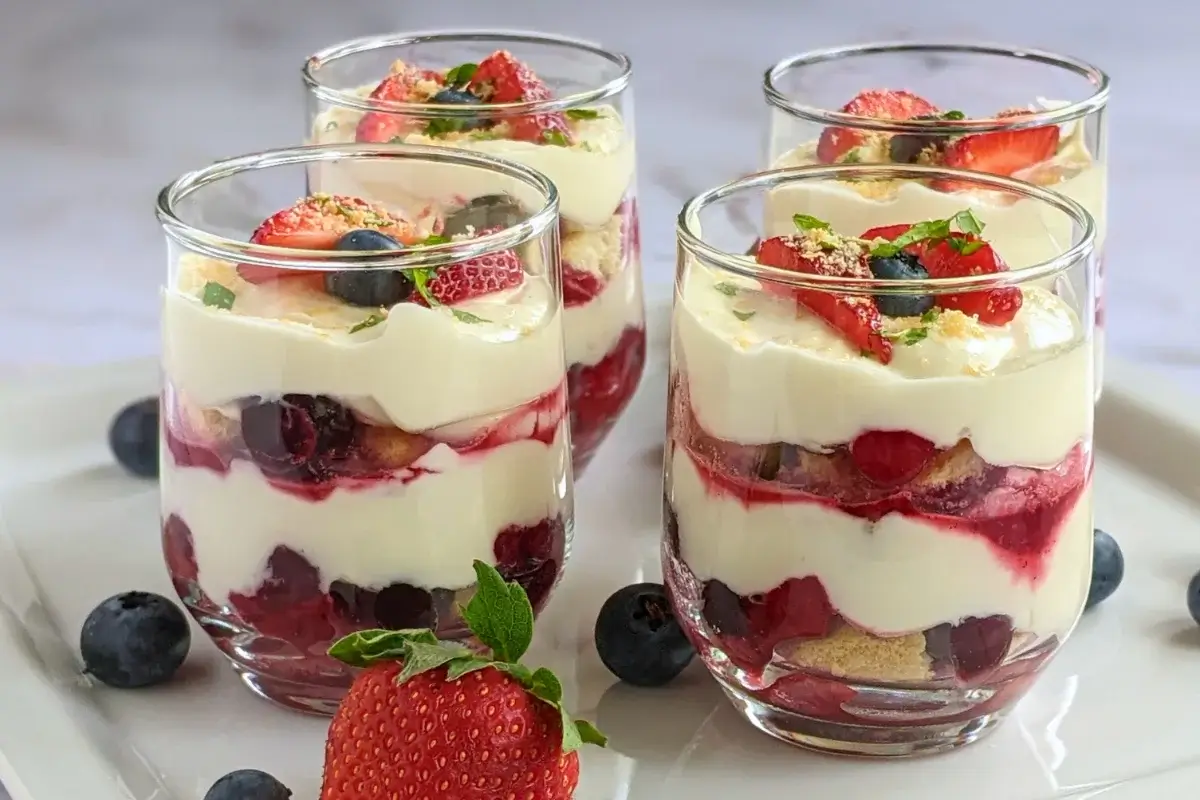 Healthier take on tiramisu made with mascarpone, Greek yogurt, ladyfingers, and a sweet mixed berry compote.