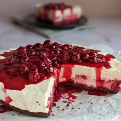 No Bake Cheesecake With Cherry Topping - easy no bake cheesecake on a chocolate cookie crumb base, made with fluffy whipped cream and cottage cheese, and topped with homemade cherry compote.