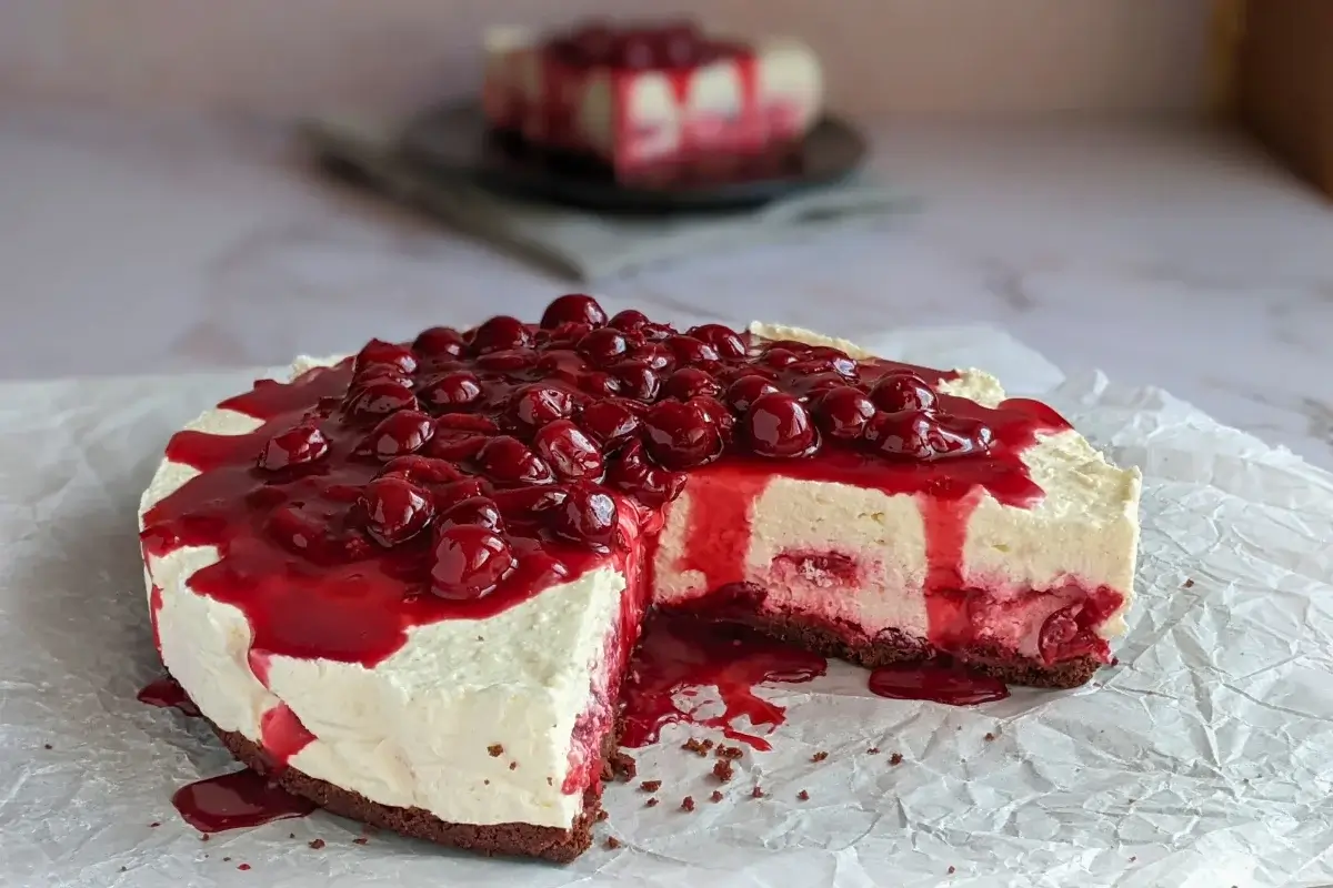 No Bake Cheesecake With Cherry Topping - easy no bake cheesecake on a chocolate cookie crumb base, made with fluffy whipped cream and cottage cheese, and topped with homemade cherry compote.