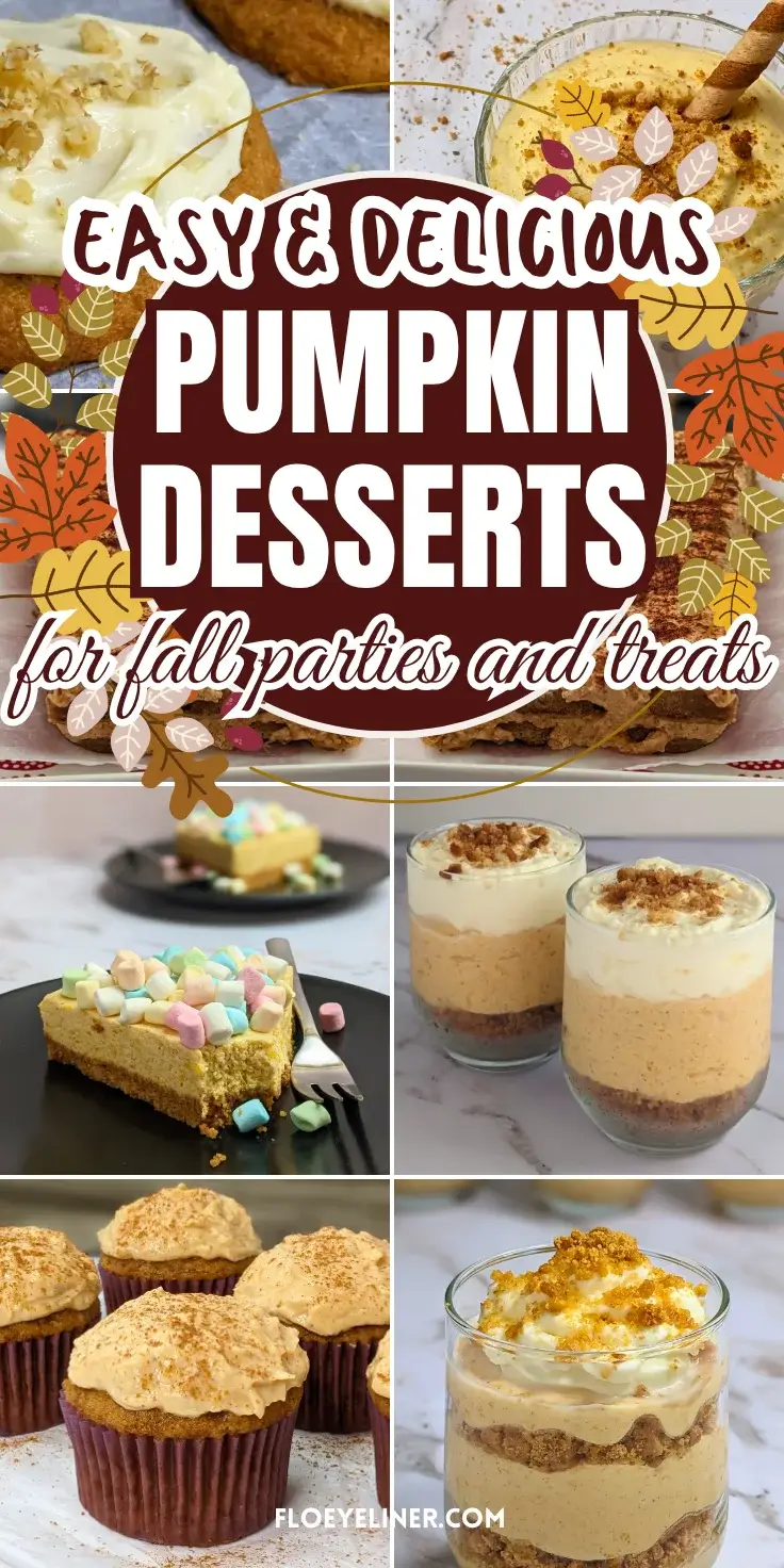 Roundup blog post of best pumpkin desserts featuring recipes like pumpkin cheesecake cupcakes, frosted pumpkin cookies, pumpkin mousse dessert cups, marshmallow cheesecakes, and more. 