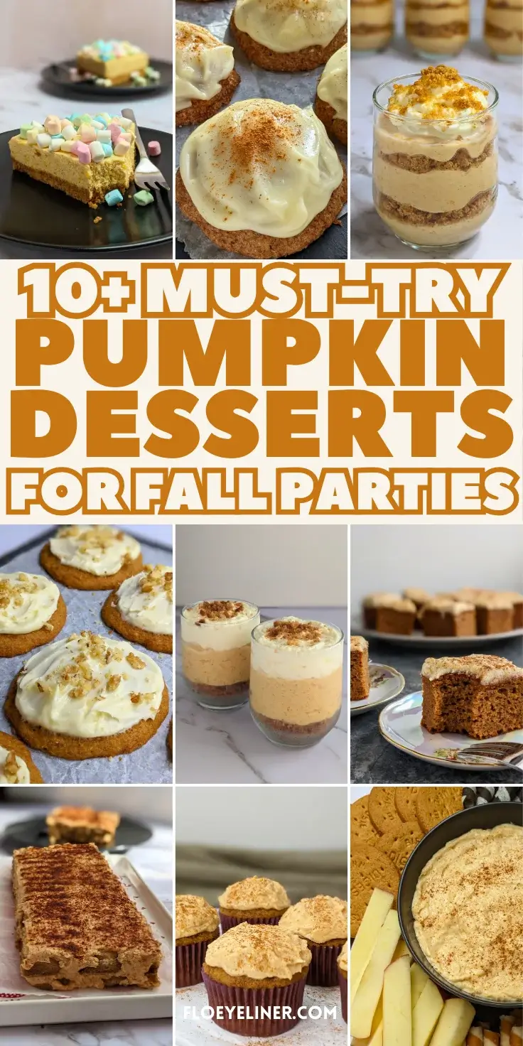 Roundup blog post of best pumpkin desserts featuring recipes like pumpkin cheesecake cupcakes, frosted pumpkin cookies, pumpkin mousse dessert cups, marshmallow cheesecakes, and more. 