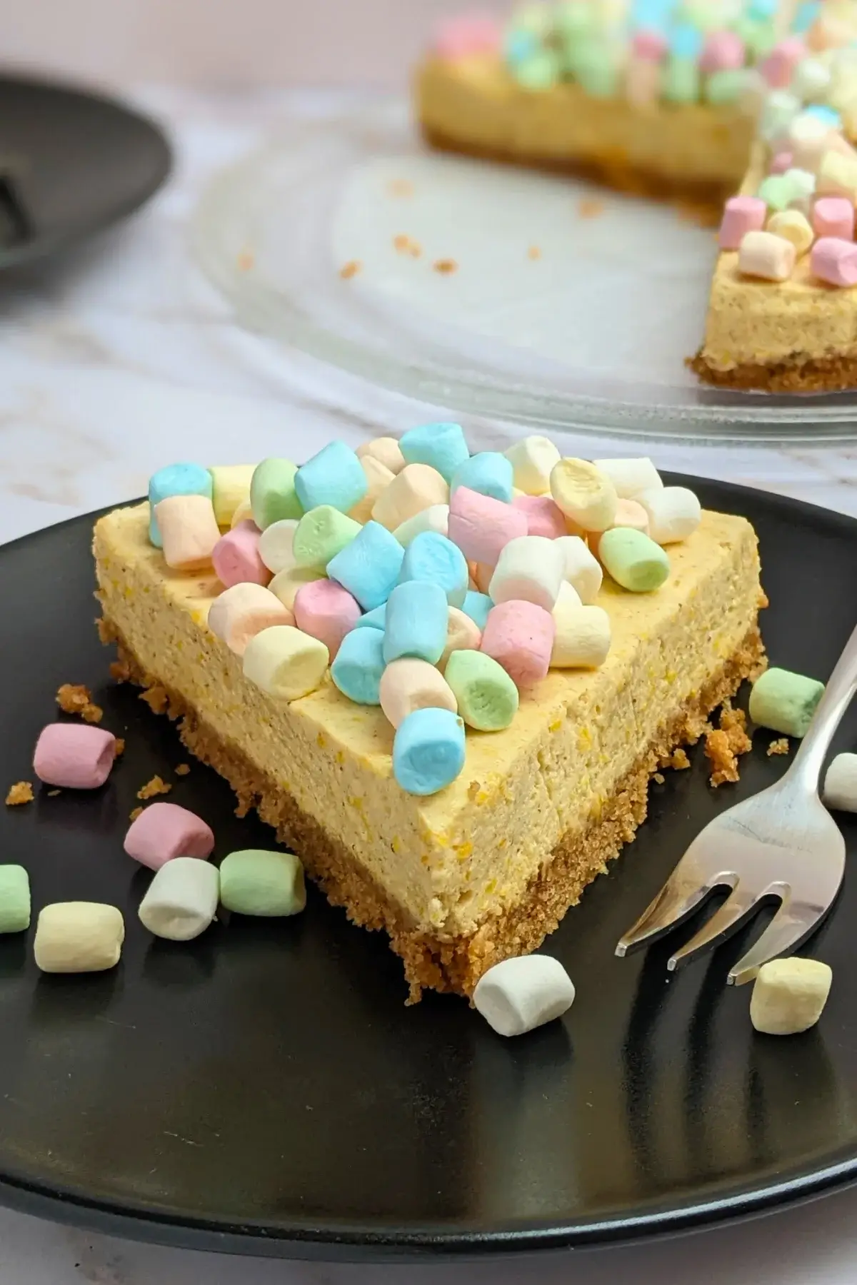 Pumpkin marshmallow cake - a fluffy no-bake cake with an oat cookie crust, pumpkin marshmallow cheesecake filling, and whole marshmallows for decoration.