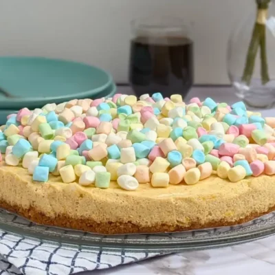 Pumpkin marshmallow cake - a fluffy no-bake cake with an oat cookie crust, pumpkin marshmallow cheesecake filling, and whole marshmallows for decoration.